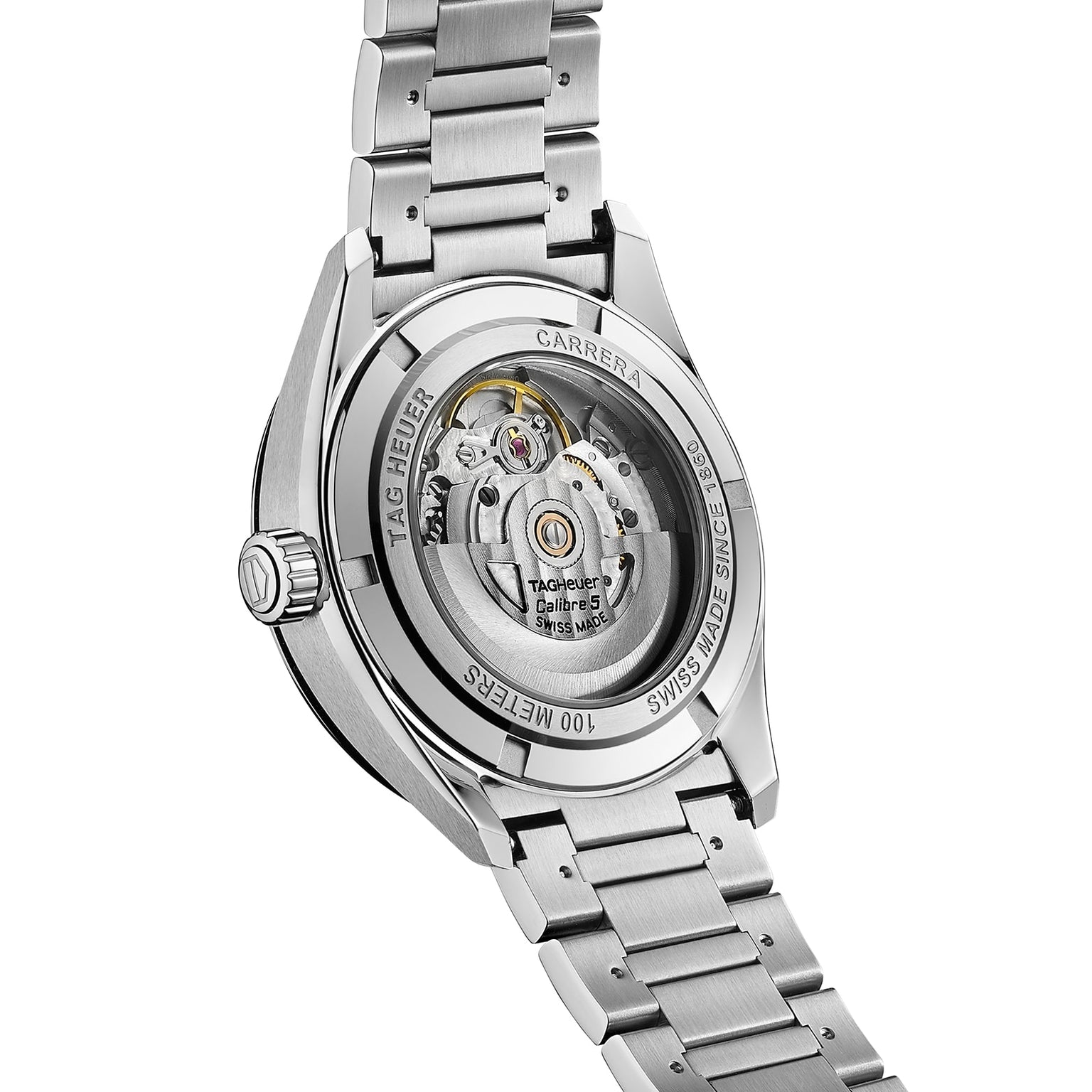 Back view of the TAG Heuer Carrera Date with a steel case, calibre 5 visible through the transparent case back, metal bracelet, and engraved detailing around the edge.