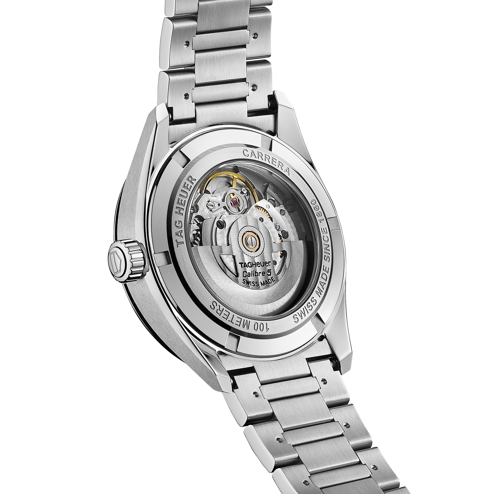 Back view of the TAG Heuer Carrera Date with a steel case, calibre 5 visible through the transparent case back, metal bracelet, and engraved detailing around the edge.
