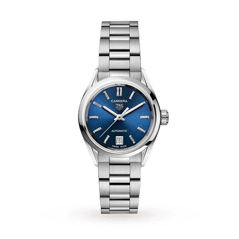 The TAG Heuer Carrera Date features a blue sunray dial, silver hour markers, date at 6 o’clock, and a stainless steel bracelet with calibre 9 automatic movement.