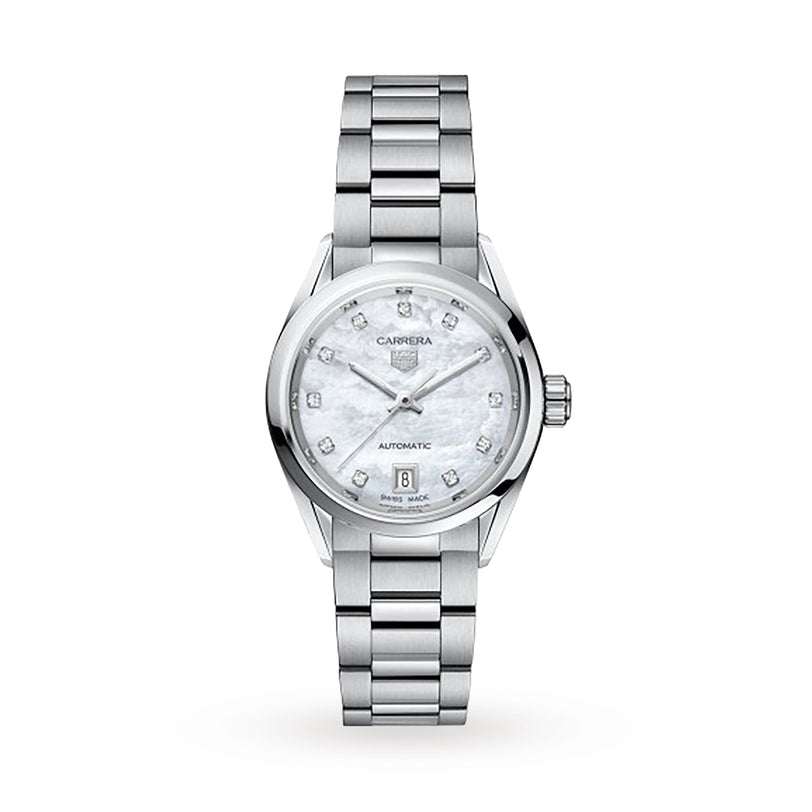 The TAG Heuer Carrera Date features a silver stainless steel case, a round mother-of-pearl dial with diamond hour markers, a date window at 6 o’clock, and a linked bracelet.