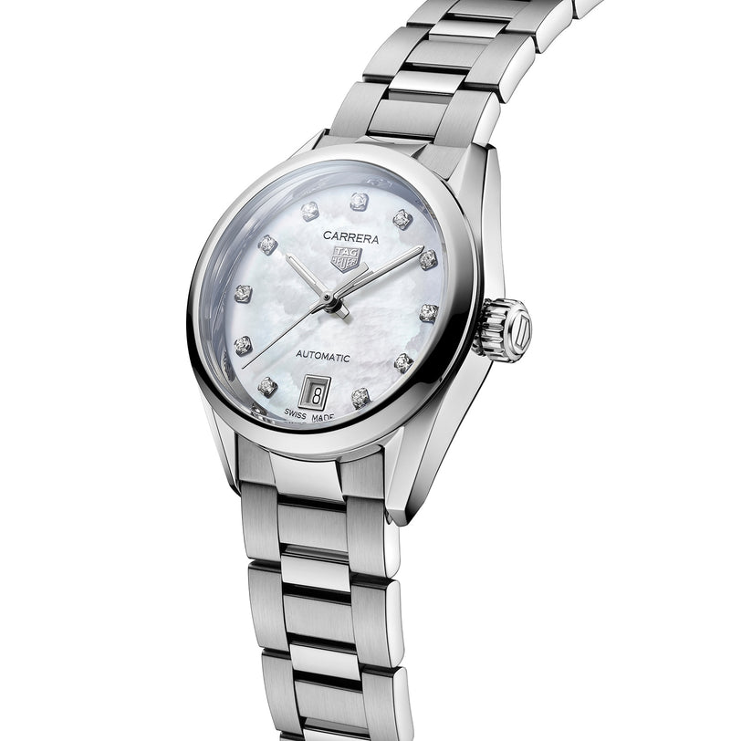 The TAG Heuer Carrera Date features a metal band, diamond hour markers, a date window at 6 o’clock, and a lustrous white mother-of-pearl dial.