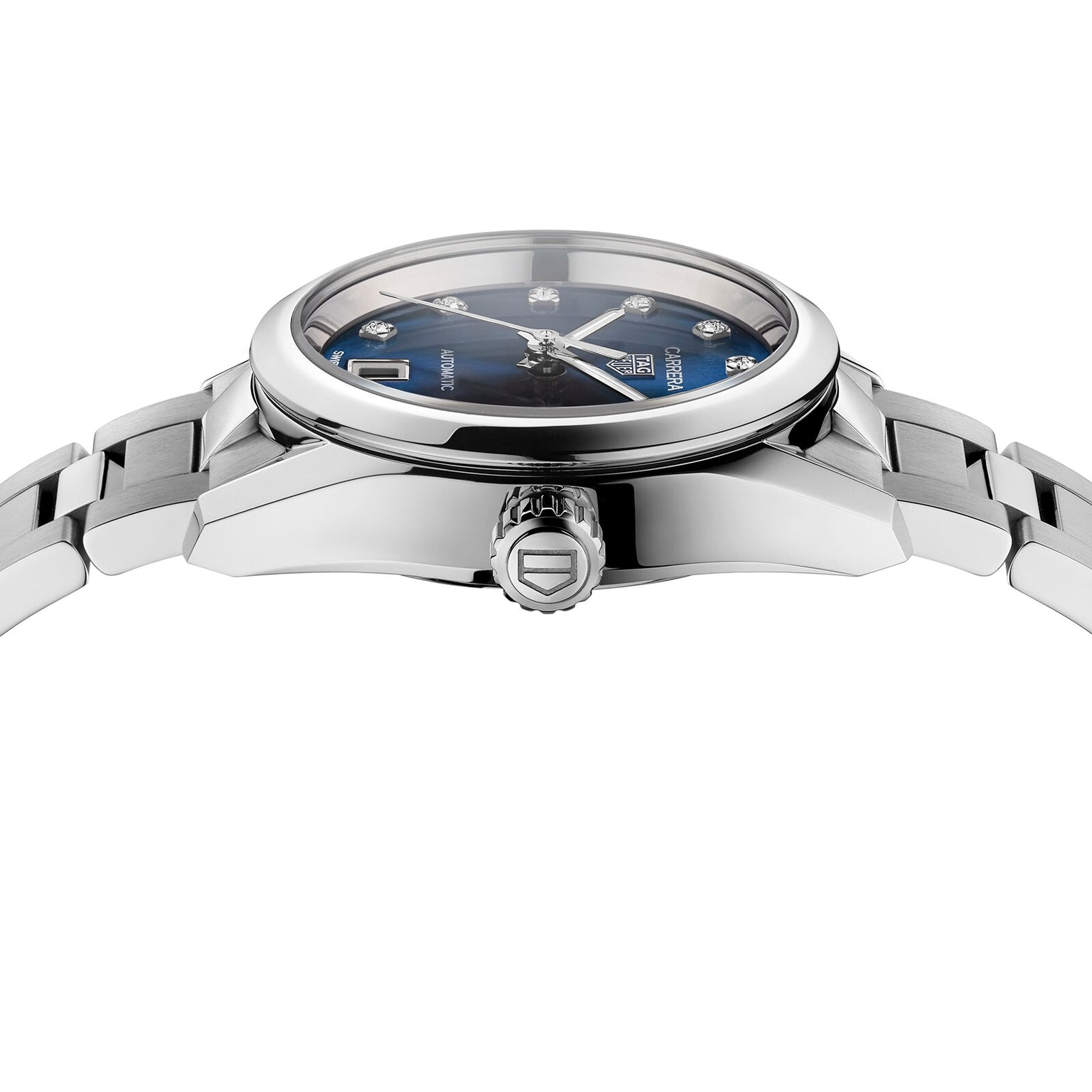 A close-up side view of the TAG Heuer Carrera Date wristwatch features a blue sunray dial, stainless steel bracelet, and brand logo on the crown.