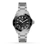 The TAG Heuer Aquaracer Professional 300 Date features a stainless steel case, black dial, silver hour markers, black bezel, and a date window at 6 o’clock, shown on a white background.