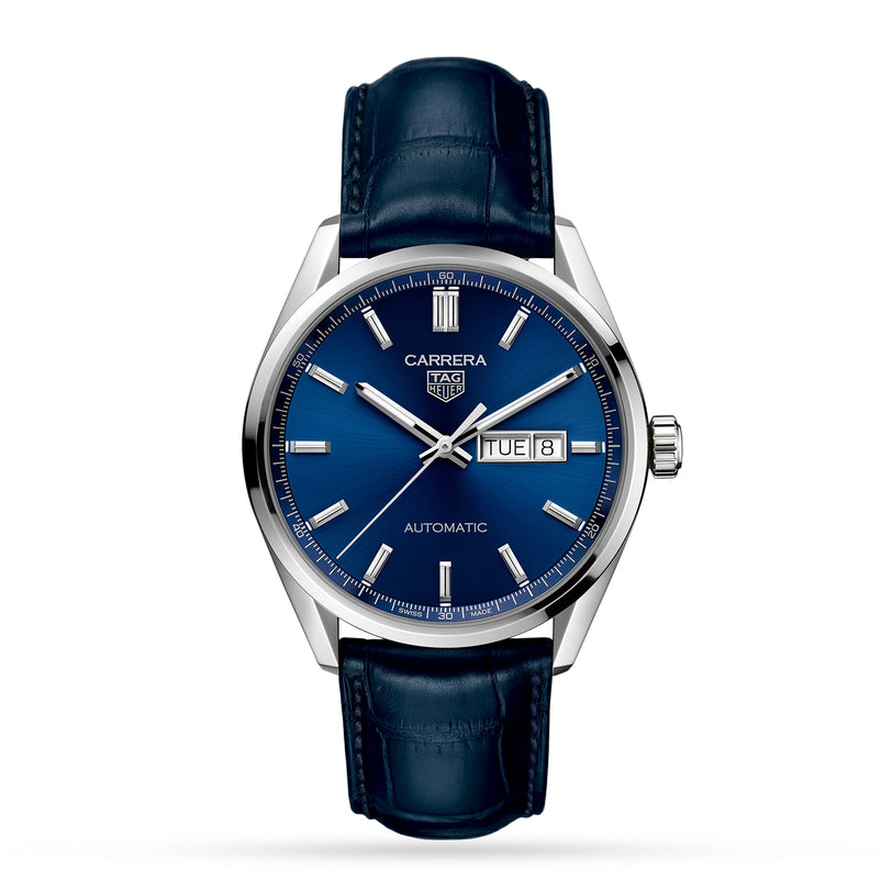 The TAG Heuer Carrera Day-Date wristwatch features a blue dial with silver markers, day and date display, calibre 5 automatic movement, and a blue alligator leather strap.