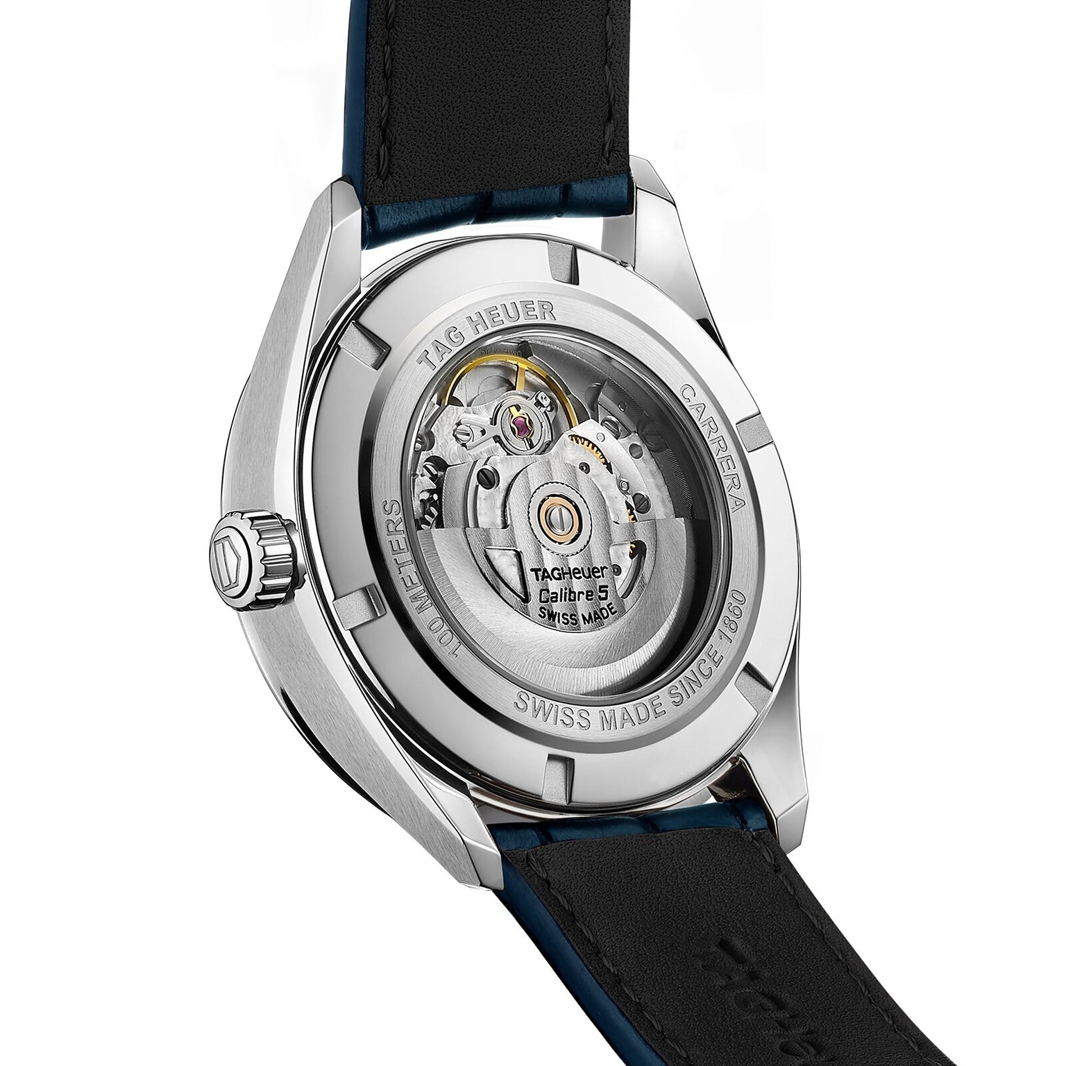 Close-up of the back of a TAG Heuer Carrera Day-Date watch featuring its exposed automatic movement through a transparent caseback and a black leather strap.