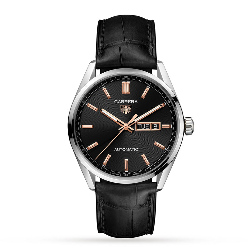 The TAG Heuer Carrera Day-Date features a black dial, rose gold markers and hands, a day-date display, Calibre 5 automatic movement, and a black leather strap—capturing the Carrera’s signature luxury aesthetic.