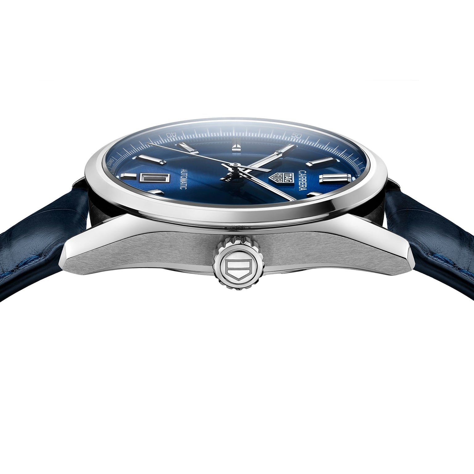 Side view of the TAG Heuer Carrera Date, featuring a blue dial, silver case, date window, and blue leather strap—highlighting the crown, case profile, and calibre 5 automatic movement for endurance and performance.