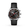 The TAG Heuer Carrera Chronograph features a black leather strap, black dial with three subdials, date window, red and yellow accents, and is powered by the precise Calibre HEUER 02 movement.