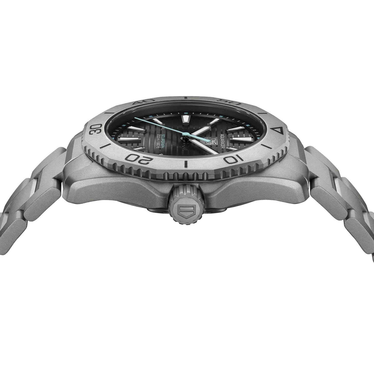 Side view of a TAG Heuer Aquaracer Professional 200 Solargraph with a silver metal band, round black dial, silver hour markers, and a rotating bezel featuring minute indicators.