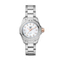 The TAG Heuer Aquaracer Professional 200 wristwatch features a diamond-set bezel, mother-of-pearl dial, diamond hour markers, and elegant rose gold accents on the crown and hands.