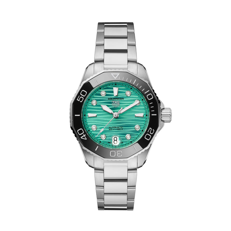The TAG Heuer Aquaracer Professional 300 Date features a stainless steel bracelet, teal textured dial, silver hour markers, date at 6 oclock, and black bezel, elegantly displayed on a white background.