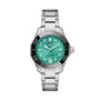 The TAG Heuer Aquaracer Professional 300 Date features a stainless steel bracelet, teal textured dial, silver hour markers, date at 6 oclock, and black bezel, elegantly displayed on a white background.