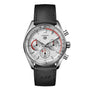 The TAG Heuer Special Edition Carrera Chronosprint x Porsche watch features a white dial, black subdials, red accents, and a black leather strap, inspired by the Porsche 911’s racing spirit and precision.