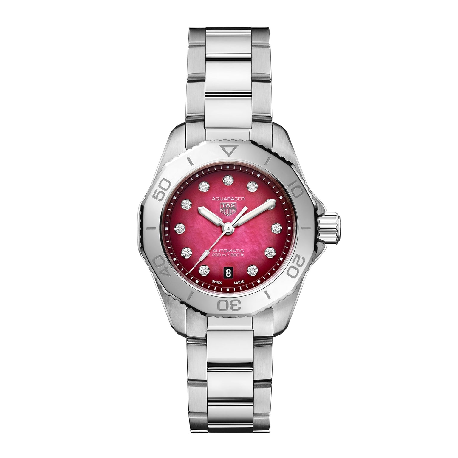 The TAG Heuer Aquaracer Professional 200 Date is a silver stainless steel watch with a red dial, diamond hour markers, unidirectional bezel, and date display at 6 o’clock, inspired by sports watch design.