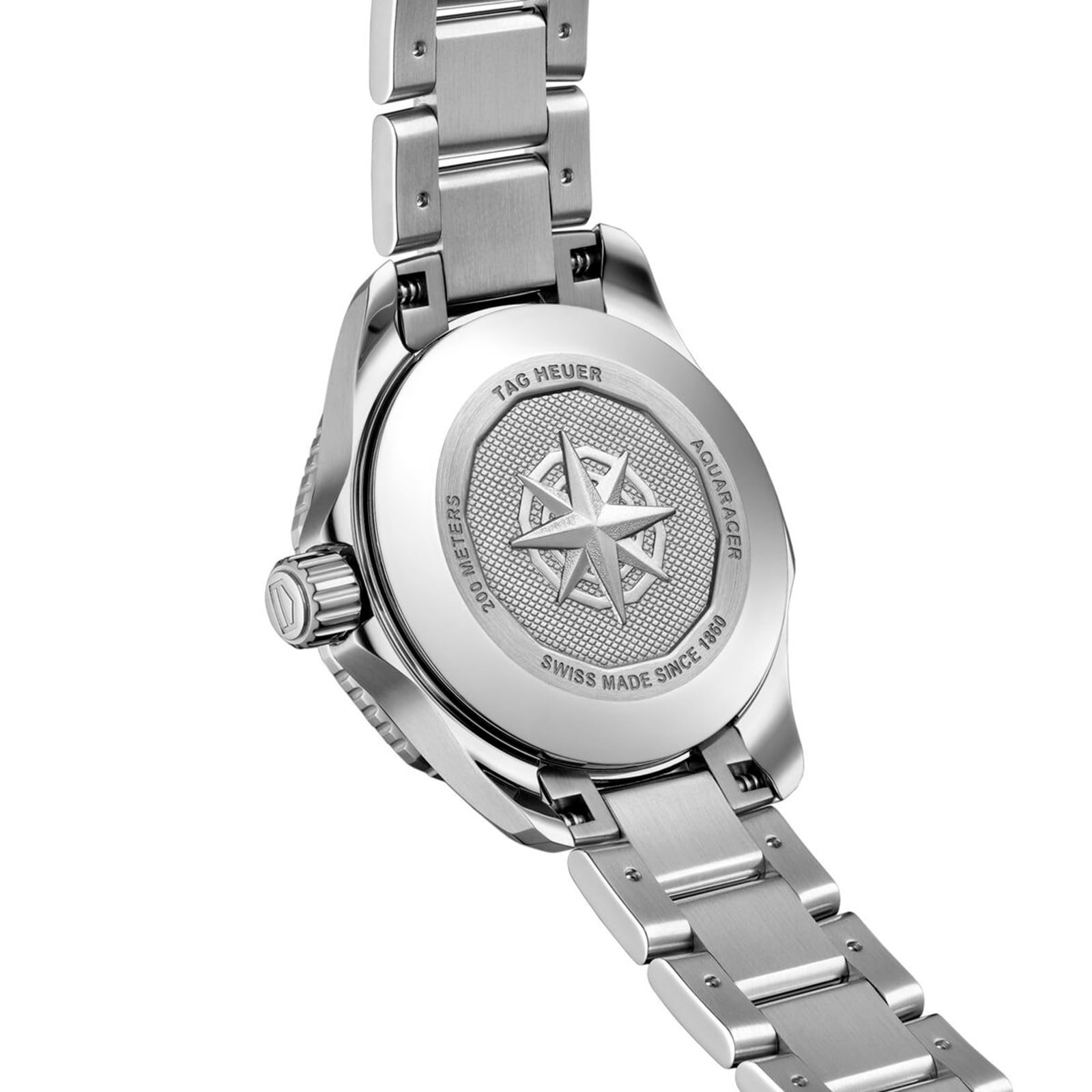 The stainless steel case back of the TAG Heuer Aquaracer Professional 200 Date displays its sporty design, featuring an engraved compass rose and technical details unique to the collection.