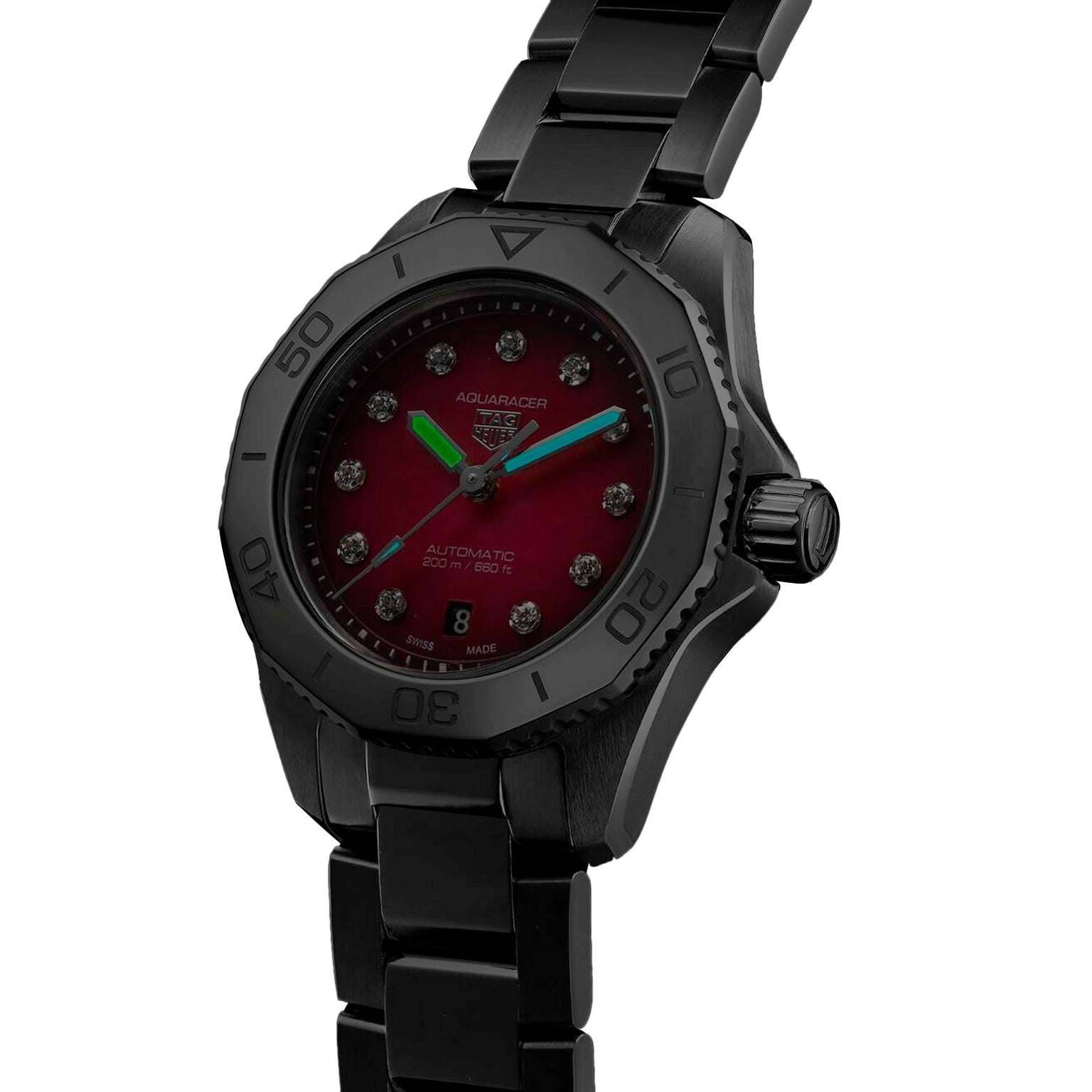 The TAG Heuer Aquaracer Professional 200 Date features a black metal case, red dial, diamond hour markers, and green hands, reflecting bold sports watch design with AQUARACER TAG HEUER AUTOMATIC on the face.