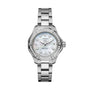 The TAG Heuer Aquaracer 200 Professional Solargraph is a silver watch with a metal band, diamond-set bezel, white mother-of-pearl dial, diamond hour markers, date at 3 oclock, and an advanced solar-powered module.