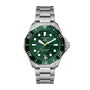 The TAG Heuer Aquaracer Professional 300 Date is a silver watch with a green dial and bezel, silver band, and yellow second hand.
