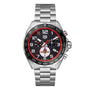 The TAG Heuer Special Edition Formula 1 X Indy 500 features a silver stainless steel bracelet, black dial with red accents, and quartz chronograph movement.