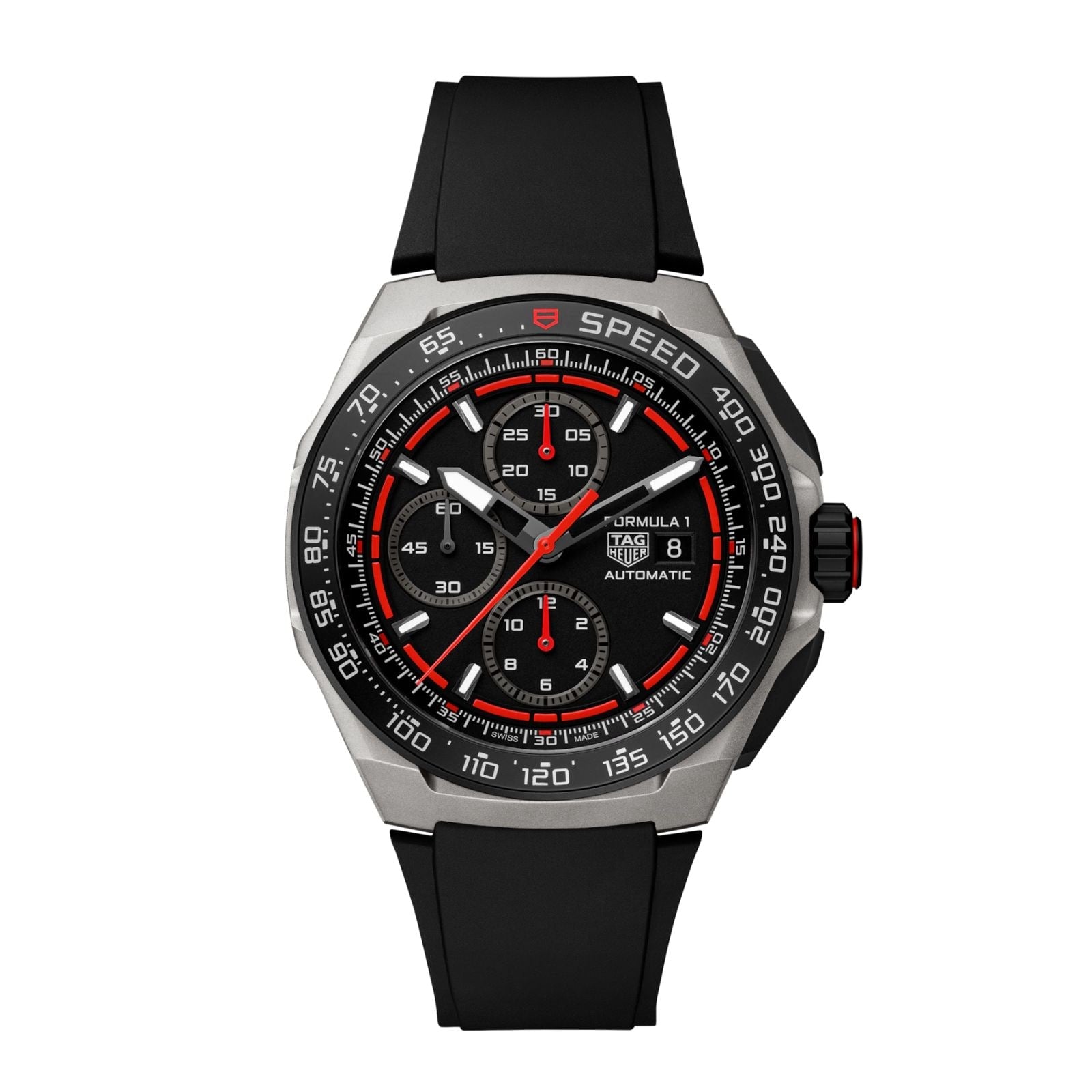The TAG Heuer Formula 1 Chronograph features a black dial with red accents, three subdials, a black rubber strap, and a tachymeter bezel—reflecting the brand’s motorsport heritage and offering precise timing for any occasion.
