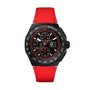 The TAG Heuer Formula 1 Chronograph features a black dial, red rubber strap, tachymeter bezel, three sub-dials, Calibre 16 automatic movement, and date display. Crafted from Grade 2 titanium with Formula 1 and Automatic labeling.