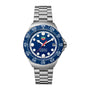 A TAG Heuer Formula 1 Solargraph watch with a blue bezel, blue dial, and silver metal bracelet.
