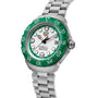 The TAG Heuer Formula 1 Solargraph features a green bezel, white dial, silver band, and bold hour markers.