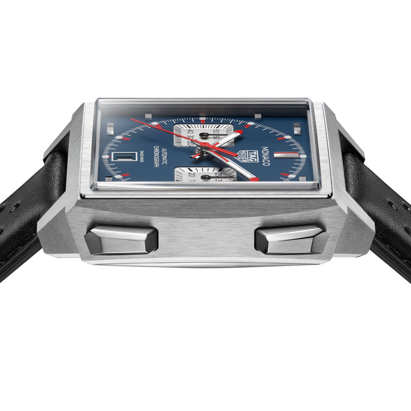 Square stainless steel chronograph watch with blue dial, red hands, and black leather strap.