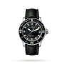 A Blancpain Fifty Fathoms Automatique diver’s watch with a 45mm steel case, black dial, bold white numerals, and a black textured strap is displayed on a white background.