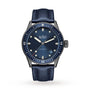 The Blancpain Fifty Fathoms Bathyscaphe features a blue sunburst dial, date at 4:30, luminous markers, and a blue fabric strap—engineered for diving.