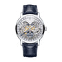 The Vacheron Constantin Traditionnelle Complete Calendar Openface is a luxury platinum watch with a skeleton dial, blue leather strap, and silver case, featuring day, date, month, and moon phase indicators.