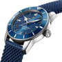 A close-up of the Breitling Superocean Heritage B20 Automatic 42, featuring a blue dial, 42mm stainless steel case, and blue textured rubber strap, powered by the Breitling B20 calibre.