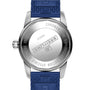 Back view of the Breitling Superocean Heritage B20 Automatic 42, featuring a 42mm stainless steel case, engraved case back, and blue textured strap, powered by the renowned B20 calibre.