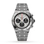 The Breitling Chronomat B01 42 is a stainless steel chronograph watch with a silver dial, three black subdials, tachymeter markings, and a signature Rouleaux bracelet, shown on a white background.