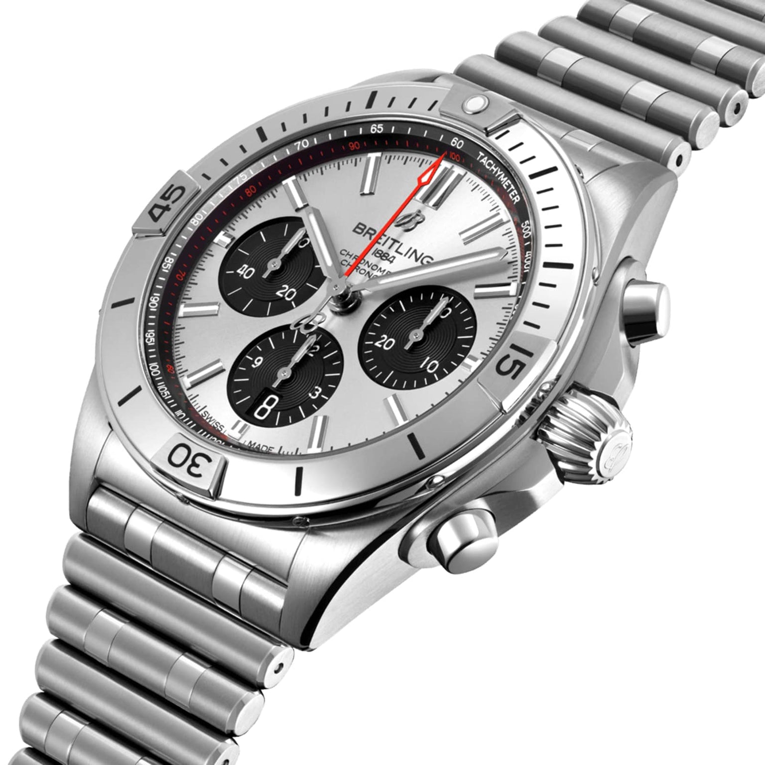 The Breitling Chronomat B01 42 is a stainless steel chronograph wristwatch with a silver dial, three black subdials, signature Rouleaux bracelet, and renowned Breitling 01 mechanical movement.