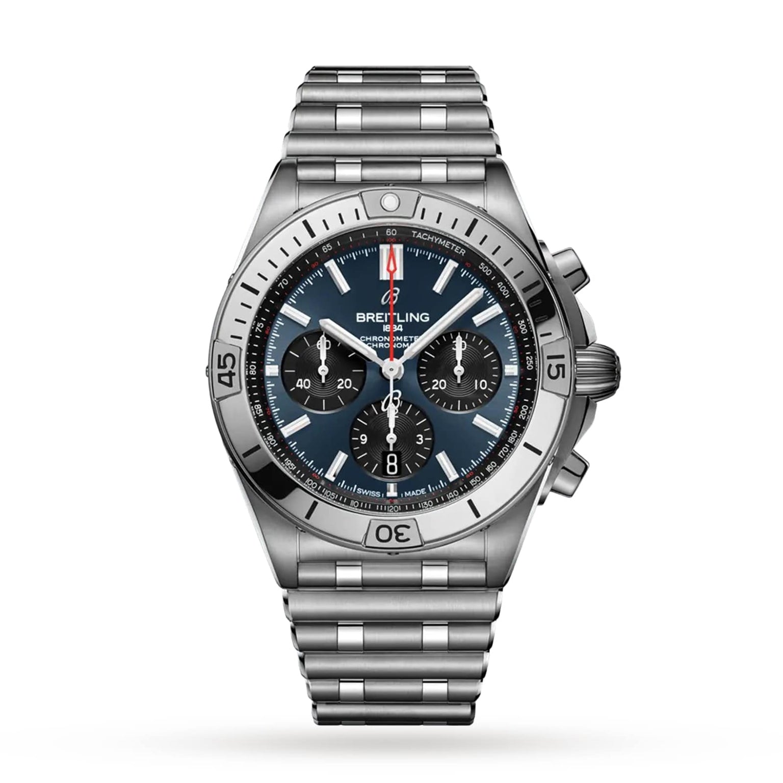 A Breitling Chronomat B01 42 stainless steel chronograph wristwatch features a black dial with three subdials, tachymeter scale, date window, and metal link bracelet, powered by the Breitling 01 movement, displayed on a white background.