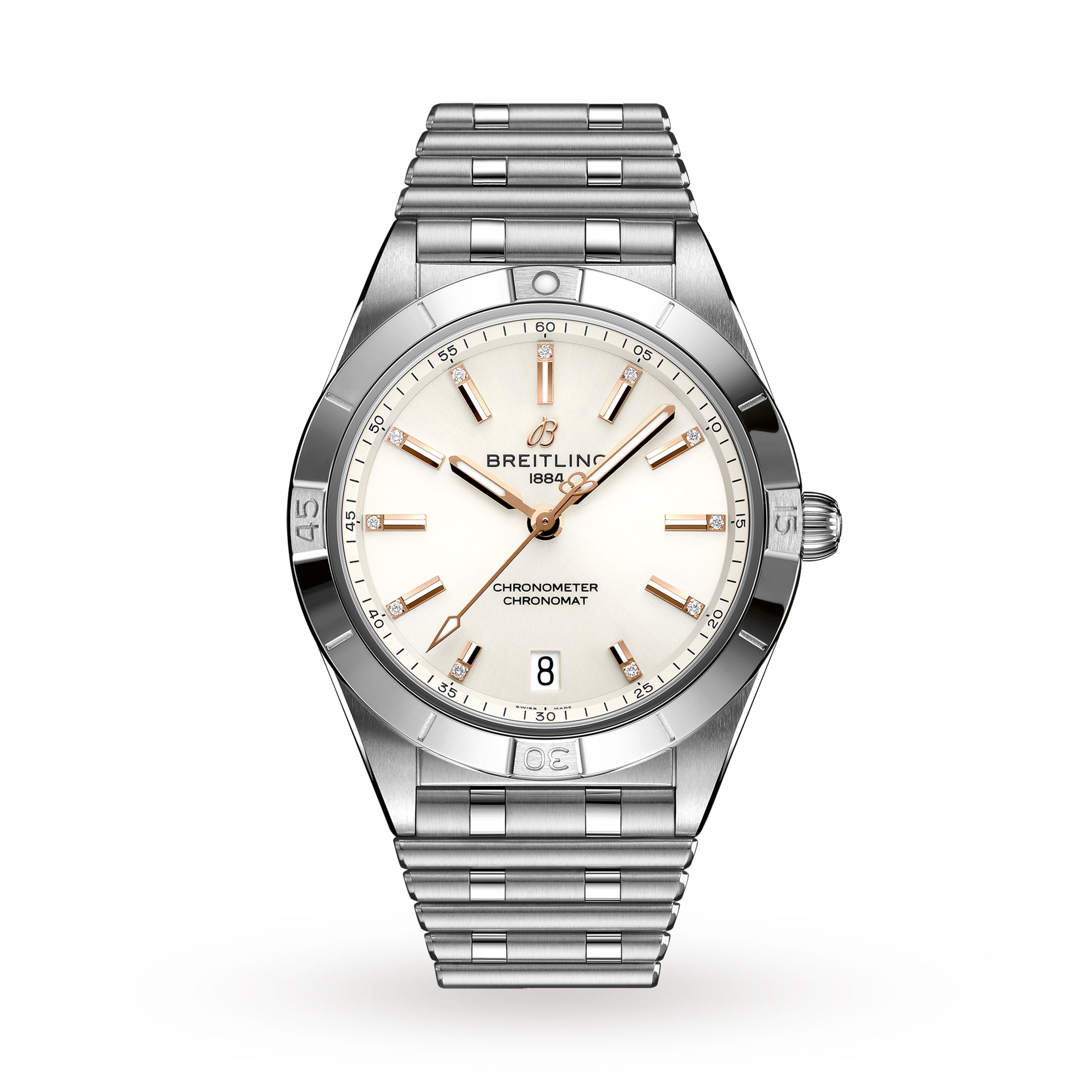 The Breitling Chronomat Automatic 36 features a stainless steel case, cream dial with gold hour markers, COSC-certified movement, date at 6 o’clock, and a signature metal Rouleaux bracelet.