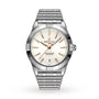The Breitling Chronomat Automatic 36 features a stainless steel case, cream dial with gold hour markers, COSC-certified movement, date at 6 o’clock, and a signature metal Rouleaux bracelet.