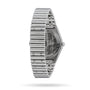 Side view of the Breitling Chronomat Automatic 36, showcasing its signature stainless steel Rouleaux bracelet and a partially visible transparent case back.
