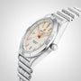 A Breitling Chronomat Automatic 36 wristwatch in stainless steel, featuring a white dial, rose gold hour markers and hands, and a signature Rouleaux bracelet, shown at an angle on a light background.