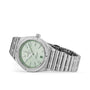 The Breitling Chronomat Automatic 36, featuring a mint green dial, date display, diamond-set bezel, and signature Rouleaux bracelet, is shown in silver against a white background.