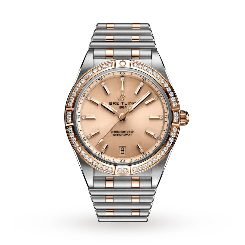 The Breitling Chronomat Automatic 36 features a rose gold dial, COSC-certified movement, diamond-set bezel, date display at 6 oclock, and a two-tone metal bracelet.