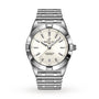 The Breitling Chronomat 32 is a stainless steel wristwatch with a white dial, silver hour markers, COSC-certified SuperQuartz™ movement, date at 6 oclock, and a metal link bracelet, shown against a white background.