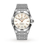 The Breitling Chronomat 32 features a stainless steel case, silver Rouleaux bracelet, white dial with gold-tone markers and hands, date at 6 o’clock, Chronometer text on the face, and runs on the acclaimed Breitling 77 calibre.