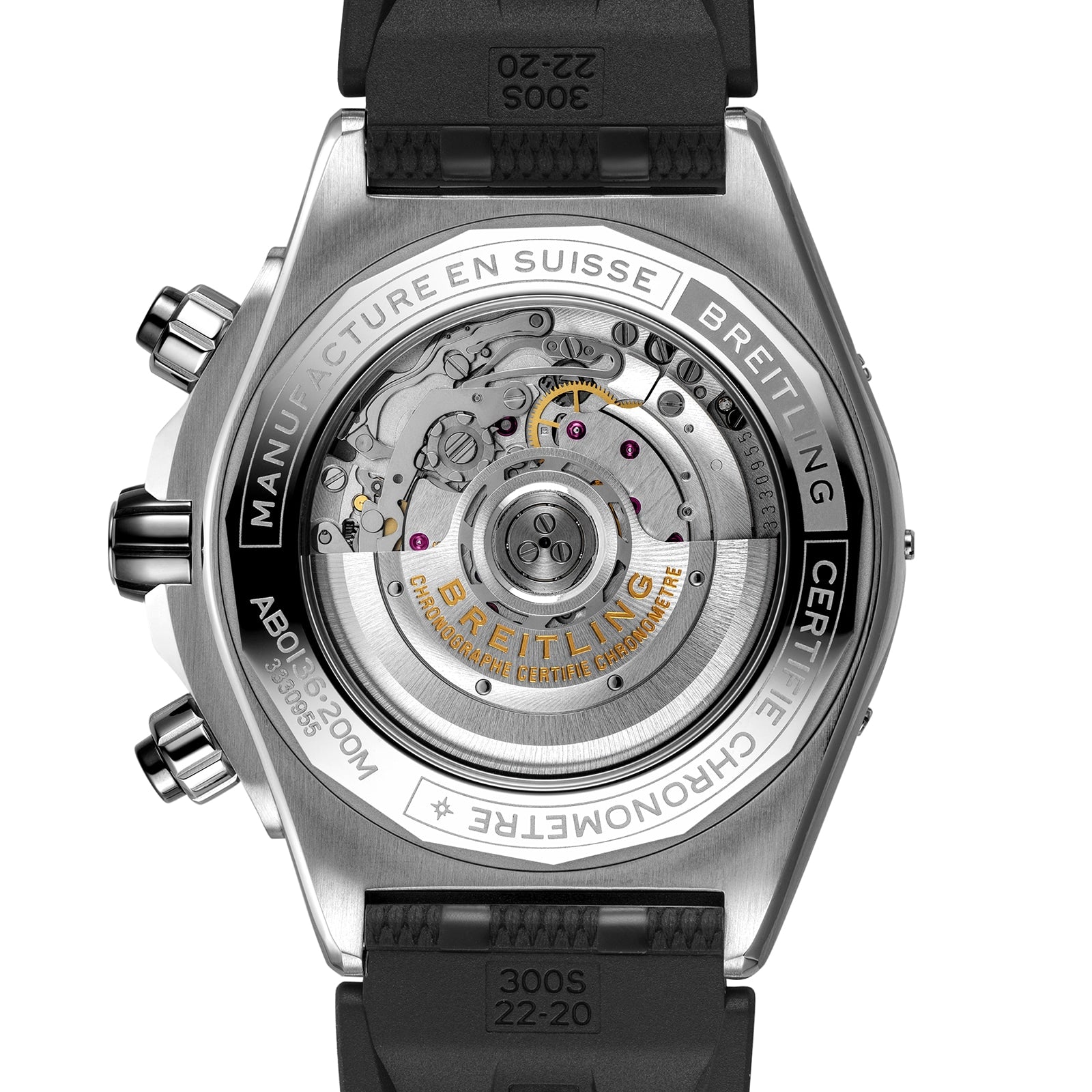 Close-up of the back of a Breitling Super Chronomat B01 44, featuring a Rouleaux bracelet, exposed Breitling 01 COSC-certified calibre, and engraved details on the stainless steel case.