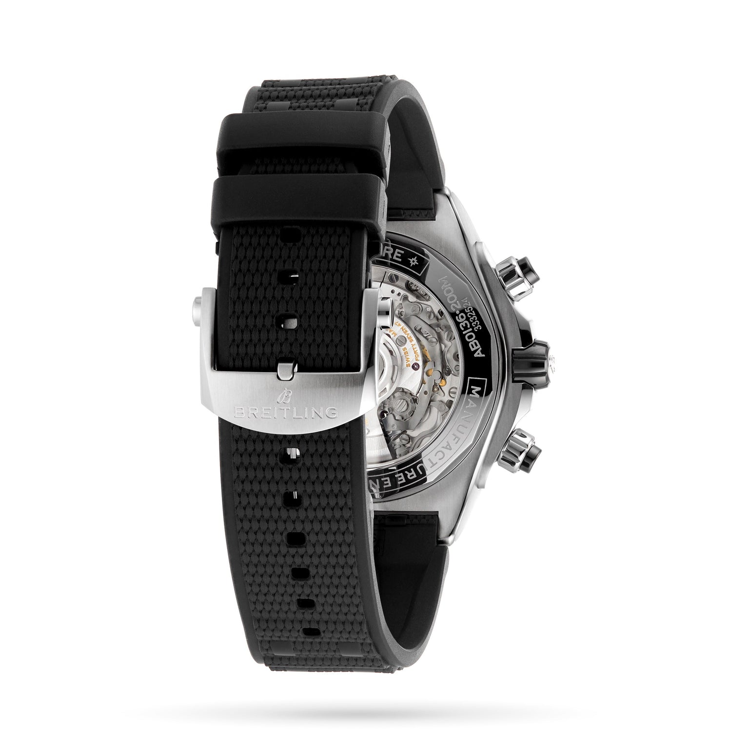 Rear view of the Breitling Super Chronomat B01 44 with a black textured rubber strap and stainless steel buckle, featuring its COSC certified Breitling 01 automatic movement visible through the transparent case back.