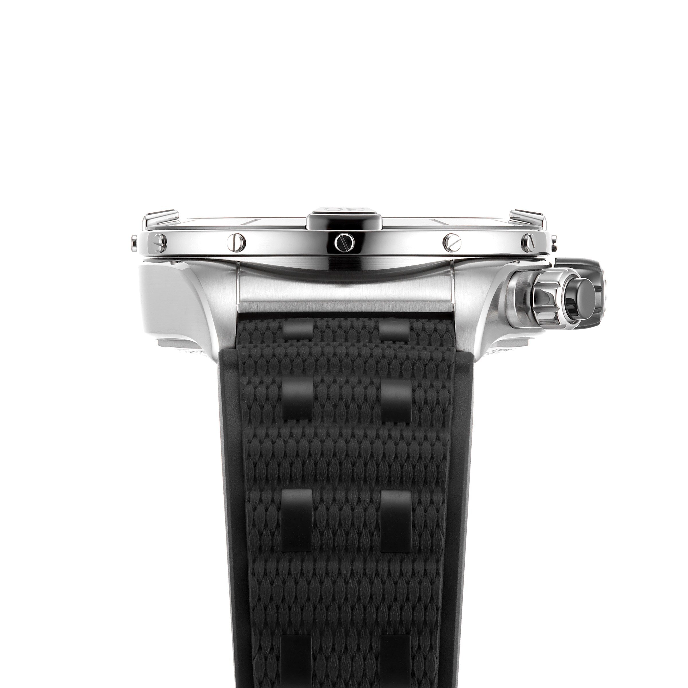 Side view of the Breitling Super Chronomat B01 44 wristwatch in silver, featuring a black textured band with visible crown and pushers.