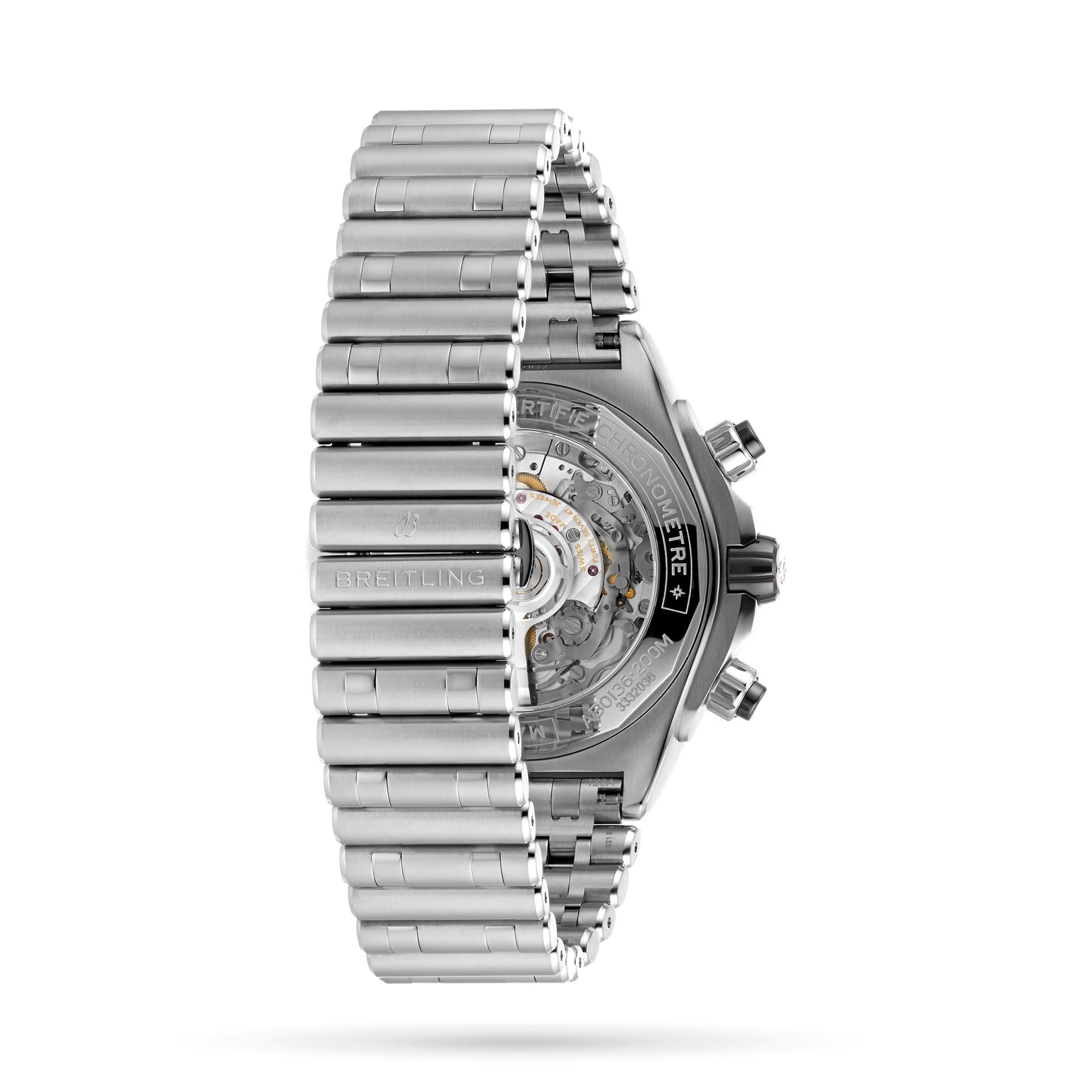 Side view of the Breitling Super Chronomat B01 44 in stainless steel, highlighting its signature Rouleaux bracelet and exposed Breitling 01 movement with visible gears and part of the watch face.