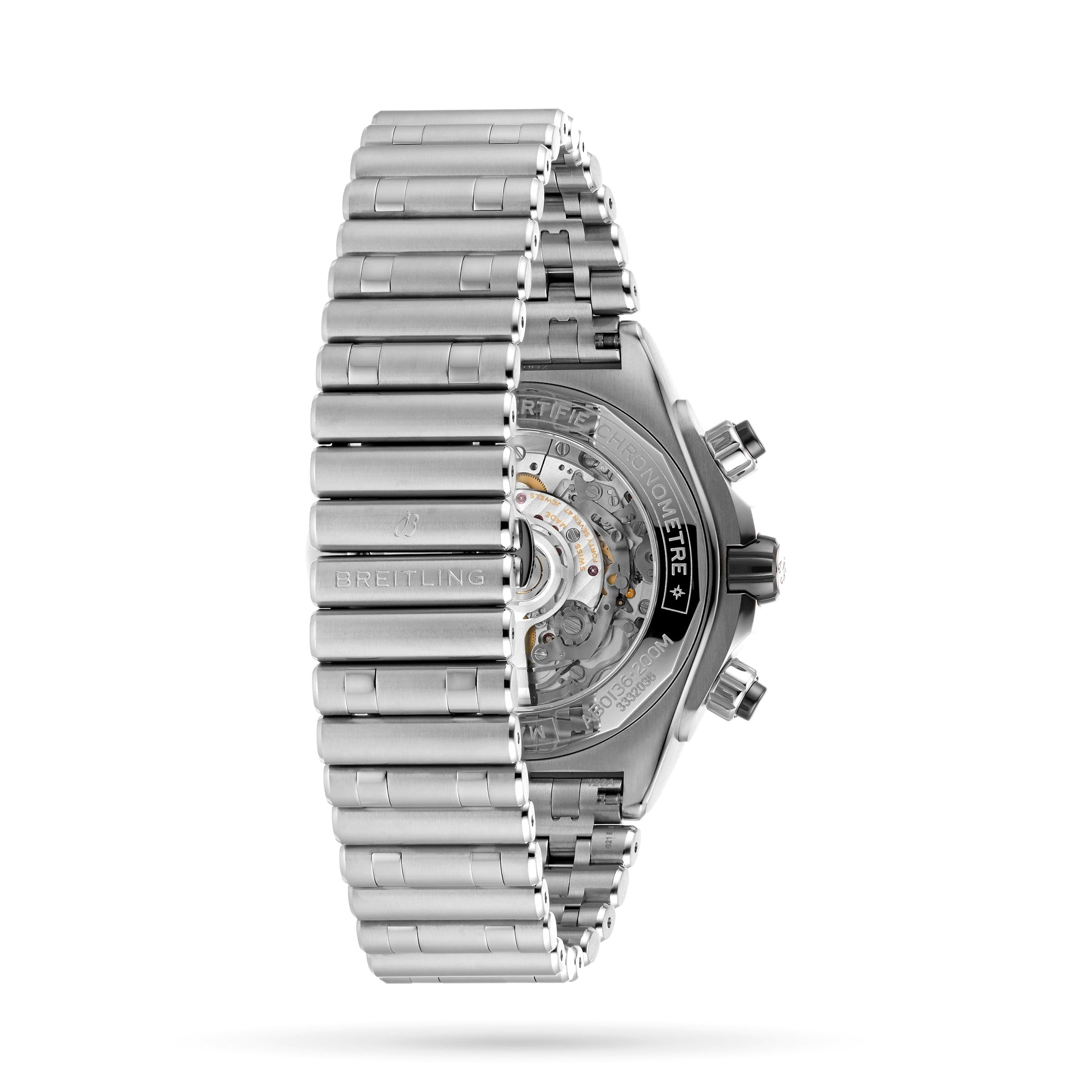 Side view of the Breitling Super Chronomat B01 44 in stainless steel, highlighting its signature Rouleaux bracelet and exposed Breitling 01 movement with visible gears and part of the watch face.
