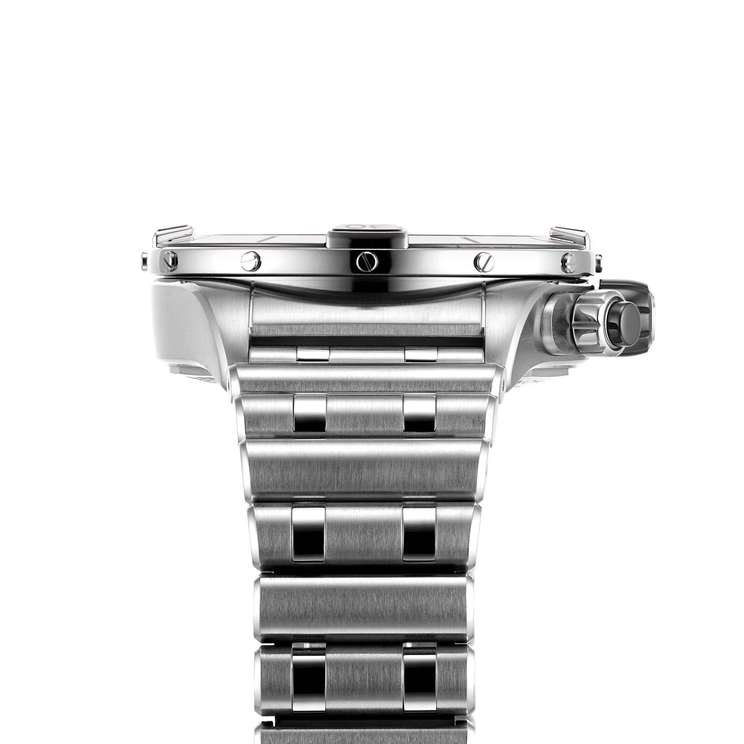 Side view of the Breitling Super Chronomat B01 44 in silver, showing its crown and pushers. The brushed Rouleaux bracelet and visible screws highlight the stainless steel case.